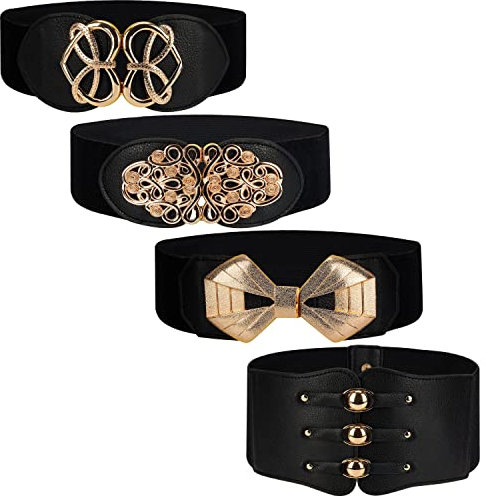 BELLE VOUS 4er Pack Schwarzer Gürtel Damen Vintage - Breiter Taillengürtel Elastisch Gold - 4 Stile - Breite Retro-Mode Cinch für Kleider