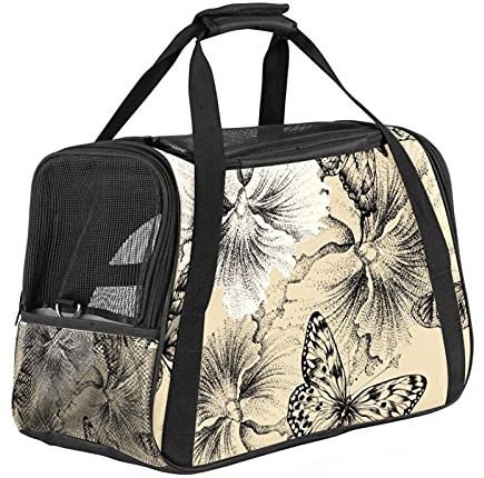 Transporttasche für Haustiere, Blumenmuster, Stiefmütterchen und Schmetterlinge, weich, für Katzen, Hunde, Welpen, bequem, faltbar, von Fluggesellschaften zugelassen