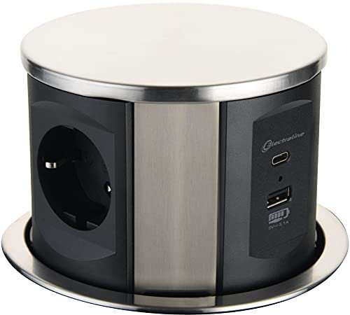 Electraline 62571 ENCHUFE MULTIUSOS CIRCULAR EMERGENTE Enchufes: 3 x Schuko 16 A, (2 USB 3.1 A: 1 tipo A + 1 tipo C, cable de 2 m), Orificio de fijación: Ø 120 mm, Grosor de la mesa: máx. 60 mm