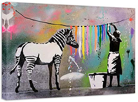 Banksy Bilder auf Leinwand - Zebra Washing Color - Wandbild für zuhause, hochwertige Streetart graffiti Kunstdruck I Wanddekoration, XXl Leinwandbilder I fertig zum Aufhängen (70x100 cm)