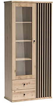 Mirjan24 Vitrine Weren WE02, Standvitrine mit 2 Schubladen und 2 Türen, gedämpftem Schließsystem, Vitrineschrank, Glasvitrine für Wohnzimmer (ohne Beleuchtung, Artisan/Schwarz + Artisan Lamellen)