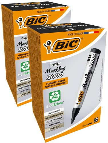 BIC 8209153 Marking 2000 Permanent Marker, in Schwarz, Wasserfester Stift für Glas, Metall, Holz und Co, Strichstärke 1,7 mm, 2x 12er Pack