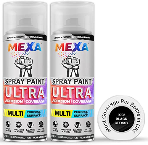 Mexa Spray Paint | Black Glossy | Perfect for Radiator, Plastic, Fabric, Metal, Bike, Marking | 2 x 400ml | RAL 9005 | Double Pack