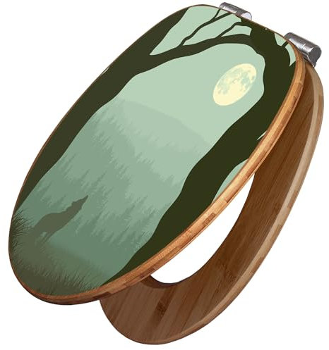 banjado Design WC Sitz Bambus Absenkautomatik 45,8x37,5cm / Toilettendeckel mit Absenkautomatik Holz/hochwertiger Bambus Klodeckel/WC-Sitz für gängigen Toiletten/Motiv Heulender Wolf
