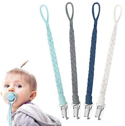 Paquete de 4 pinzas para chupete, pinzas para chupete de algodón para niños, pinzas para chupete trenzadas para bebés, para recién nacidos, niños, niñas, bebés, dentición