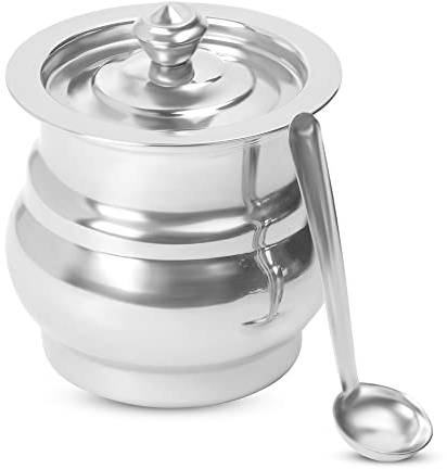 KSJONE Stainless Steel Ghee Pot with Spoon | Ghee Container for Kitchen | Premium Oil Container with Lid for Pooja Items | Cooking Oil Keeper | Storage Container | 9.5cm Dia (400 ML)
