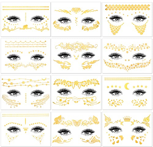 HOWAF 12 Stuck Festival Glitzer Gesicht Sticker, Metallic Flash Tattoo Glitzer Tattoo Goldene Freckles Klebe Tattoo Aufkleber fur Frauen Madchen Augen Gesicht Karneval Fasching Party Shows Make-Up