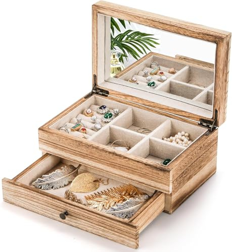 Tebery Joyero organizador de madera rústica con espejo para niñas y mujeres, 2 capas grande vintage con bandeja de anillos para collares, aretes, pulseras, anillos (madera quemada)