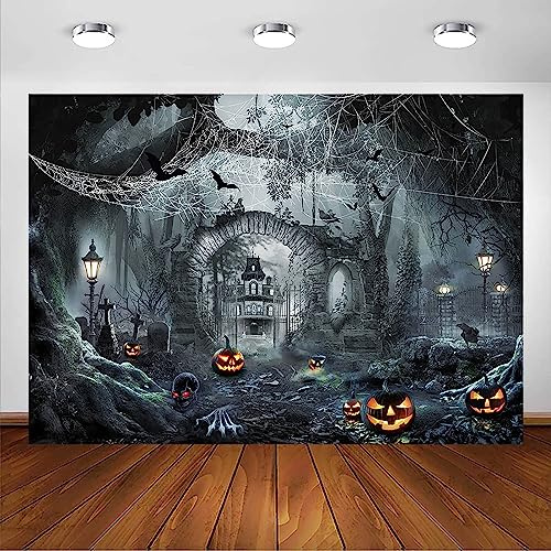 Avezano Toile de Fond pour Halloween Horreur forêt brumeuse Citrouille sorcière fantôme cimetière pour Enfants décoration de fête d'halloween Accessoires de photomaton (Gris, 2,1 x 1,5 m)