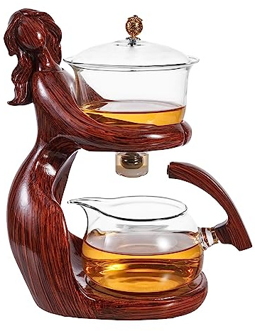 Glass Kungfu Teapot Set Tea maker with Infuser Semi Automatic Tea Set with 6 Small Cups (Red)