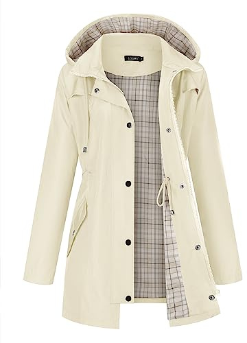 LOMON Women Rain Jacket Lightweight Hooded Jackets Women Lined Trench Coats Waterproof Outdoor Hiking Raincoat Beige M (Cute Plaid Lining)