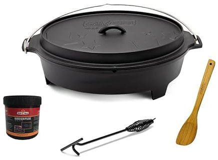 Grillfürst flacher Dutch Oven ca. 6,5 Liter - hitzebeständiger Gusseisen Topf, speziell entwickelte T-Füße, Deckel als Pfanne nutzbar, oval, DO 6,5 inkl. Deckelheber, Pflegepaste und Holzlöffel