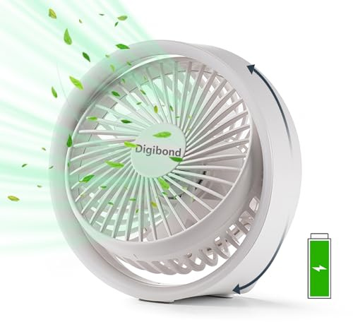Digibond Small Desk Fan, Ultra Quite USB Fan Portable 3000mAh Rechargeable Battery Operate, High Power 3 Speed 5.3in With Ambient Light/Hook 180°Rotated Easy Clean (White)
