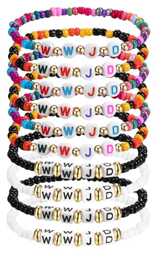Flongo WWJD bracelets Jesus Armband: bunt schwarz weiß christliche Armbänder Perlen Set W.W.J.D. 10 Stück Was würde Jesus tun perlenarmband damen Herren christliche geschenke für preppy surfer surfing