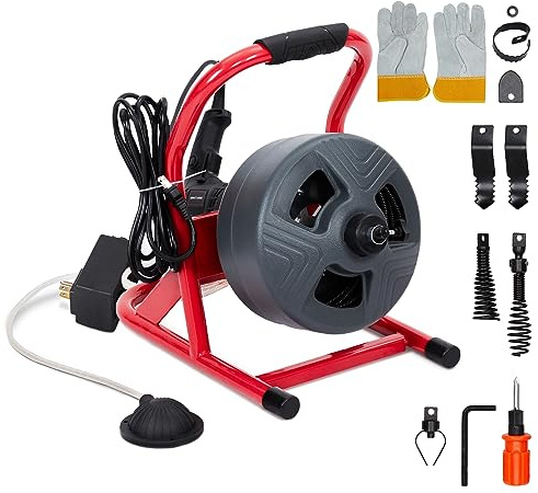 GARVEE Drain Cleaner Machine, 50 ft X 5/16 in Professional Automatic Electric Drain Auger for 3/4 to 3 in Pipes, Portable Electric Drain Snake with 6 Cutters & Foot Switch and Pair of Gloves