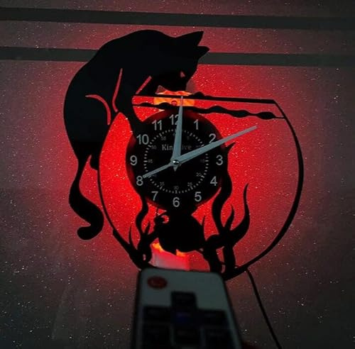 Smotly Vinyl-Wanduhr, kreative Vintage-Katzen- und Fisch-Wanduhr, Dekoration, handgefertigte Wanduhr, geeignet für jede Wanddekoration! (mit Licht/Geschenk: Haken + Geschenkbeutel)