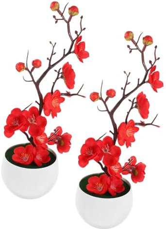 Alipis 2 Stück Kunstpflanze Bonsai mit Künstlicher Pflaumenblüte im Topf Dekorative Kunststoff Blumen für Wohnzimmer oder Schreibtisch Leichte Tischdeko