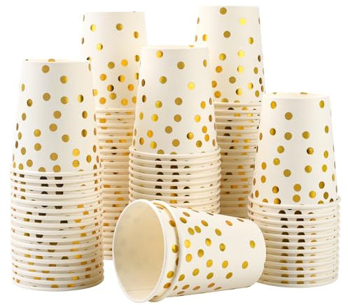 CEILIWEN Pack of 100 White Gold Party Cups, 9 OZ/250ml Gold Polka Dot Paper Cups, Paper Party Cups for Both Hot Drinks and Cold Drinks (White and Gold)
