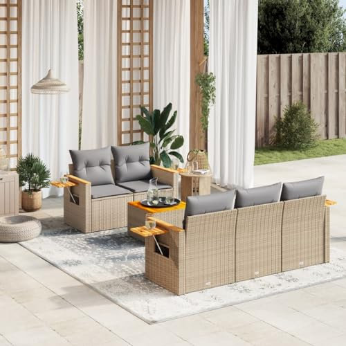 Rantry 6-TLG. Garten Sofagarnitur mit Kissen Gartensofa mit Stauraum Gartenlounge Balkonmöbel Loungesofa Gartenmöbel Rattansofa Ecksofa Sitzgruppe mit Gartentisch Gartenset Beige Poly Rattan
