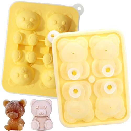 3D Bear Ice Cube Mold Large Bear Shape Ice Trays with Lid Cute Ice Maker | Flexible Large Craft Ice Trays for Freezer Whiskey Cocktail Bourbon, Reusable Silicone Molds for Chocolate Soap Candle