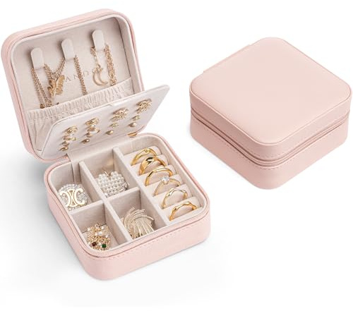 VLANDO Schmuckkästchen Reise, Schmuckaufbewahrung Klein, | Geschenk für Damen, Urlaub Must Haves, Travel Essentials, Für Halsketten, Ringe, Kompakt Leicht,Weiches Samtfutter,Rosa