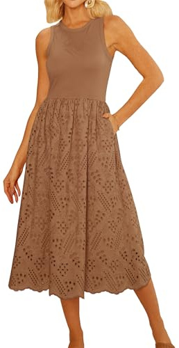 GRACE KARIN Lässige Sommerkleider für Frauen Ärmelloses Tankkleid Strandkleid mit Taschen Empire-Taille Kleid Braun S