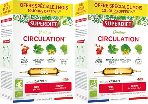SUPERDIET- QUATUOR CIRCULATION BIO- Circulation, Jambes légères - Marronnier d’inde, Hamamélis, Vigne rouge, Ginkgo biloba - Format économique -30 ampoules de 15ml (L'emballage peut varier) (Lot de 2)