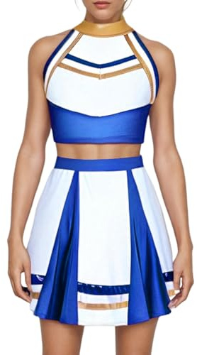 Odizli Cheerleader Kostüm Damen Metallic Neckholder Crop Top + Mini Rock Halloween Karneval Outfit