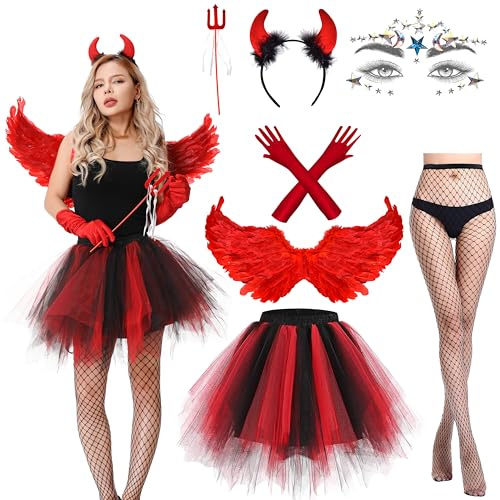 Aragallant 80CM Ali d'Angelo Rosso, Diavolo Costume Donna, Costume da Angelo con Ali di Piume Corna Diavolo Tutu Bacchetta Magica, Costumi Adulti Donna per Carnevale Halloween Cosplay (Black-red)