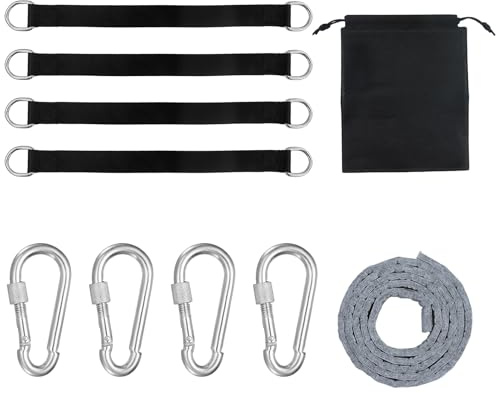 Juego de 4 correas de nailon, fijación para columpio, para colgar columpios con 4 mosquetones de alto rendimiento, 1 almohadilla protectora autoadhesiva y bolsa de cordón para columpio, hamaca