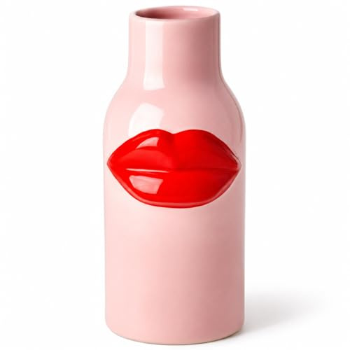 Rice Keramik Vase Groß Kussmund Pink - Red Lips - Rote Lippen Blumenvase Dekovase Tischdekoration Wohndekoration Farbig Keramikvase Dekoration Deko Wohnaccessoire 10 x 25 cm