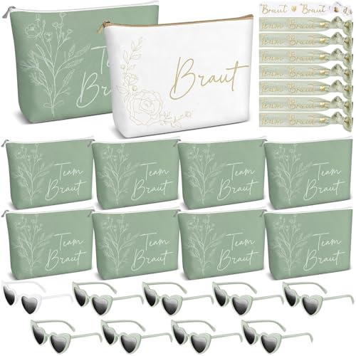 Gulfmew 27 Stück JGA Accessoires für Frauen 9 Braut Make Up Tasche 9 Herz Brille und 9 Team Braut Armbänder für Bride Brautjungfern Hochzeit Junggesellinnenabschied