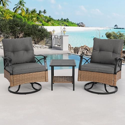 Villeston Balkonmöbel, Gartenmöbel– Patio Drehstuhl-Schaukelstühle und Tisch Bistro-Set, 3-teiliges Outdoor-Gesprächsmöbel-Set aus Rattan, 360° drehbarer, für Veranda, Garten, Grau
