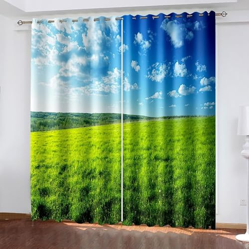 AMDXD Lot de 2 rideaux opaques et occultants - Style vintage - Herbe - 137 x 214 cm (l x H) - Protection contre le froid - Isolation acoustique - Bleu vert - 137 x 214 cm