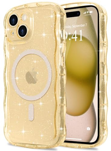 Pepmune für iPhone 15 Hülle Glitzer Kompatibel mit MagSafe, Gold | Transparent Wellenform Handyhülle. Wellen Design TPU Bumper Silikon Case. Stoßfest Schutzhülle für Mädchen.