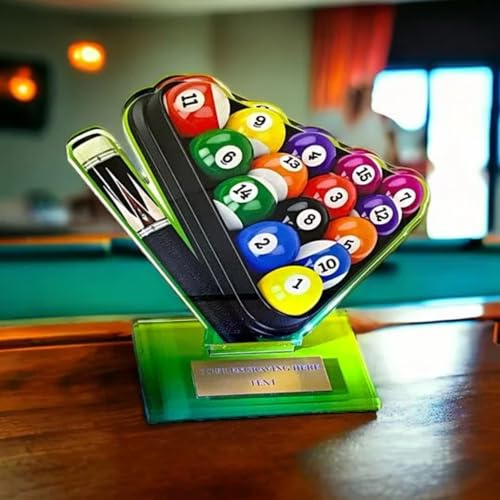 Poker Billard Pokal mit Gravur - Trophäe aus Acryl - Buntes 2D-Design | Individuelle Auszeichnung für Turniere und Vereine mit Queue und Kugeln Motiv, glänzendes Acrylglas inklusive Wunschgravur