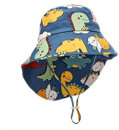 ZALAOR Sun Hat Kids Bucket Hat - Wide Brim with Neck Flap Cartoon Dinosaur Hats - Adjustable Baby Sunhat for Boys Girls 6 Months to 8 Years- Sun Protection for Outdoor Play