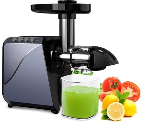 Presiona en frío Juicer lento horizontal, extractor de jugo eléctrico de 250 W con modos de 2 velocidades, tazas de jugo de 1300 ml, taza de pomace de 1100 ml, función inversa, fácil de limpiar