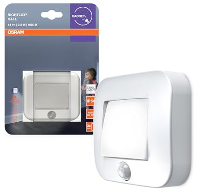 OSRAM NIGHTLUX Hall Veilleuse, blanche, détecteur de mouvement, IP54, fonctionne sur piles, blanc froid 4000 K, idéale pour les couloirs, les entrées, montage flexible