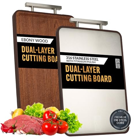 Signature Series Okniv Titanium Style Cutting Board – Dual-Sided 316 Stainless Steel Chopping Board and Natural Ebony Wood – Premium Craft Edition – Juice Groove - Ergonomic Handle Easy Storage