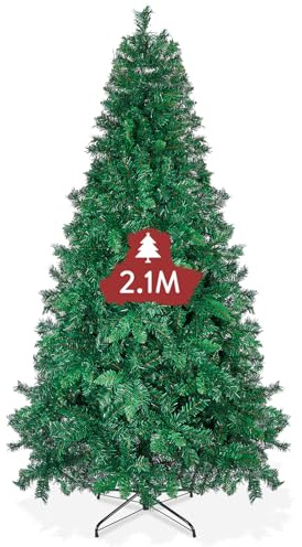OUSFOT Vert Sapin de Noel, 1099 Branches Sapin de Noel Artificiel 210cm, avec Base en Métal Matériau PVC,Convient pour Le Salon,Chambre,Bureau