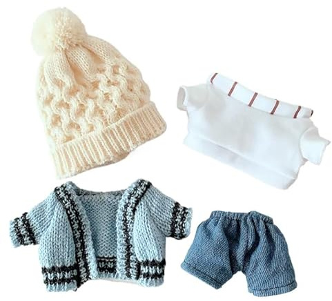 20 cm Plüsch-Baumwoll-Plüschpuppenkleidung, geeignet für 20,1 cm Höhe, Zubehör-Anzug, 1 Hut + 1 blaue Pulloverjacke + 1 Oberteil + 1 Hose, keine Puppenkleidung