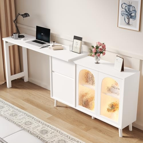 Ligterra Faltbarer Schreibtisch, Schreibtisch mit Schubladen, Eckschreibtische, Frisiertische, Ölgemälde Textur, mit LED 2-in-1 Arbeitsplatte, 360° Drehbar, mit Acryltür, 120×40×78cm (Weiß)