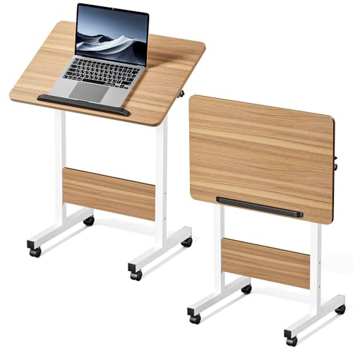Warmiehomy Height Adjustable Table with Wheels, 60x40x65-87cm, Oak | Rolling Laptop Table with 90° Tilting Desktop. Mobile Overbed Table for Bed and Sofa. Foldable Desk for Home Office.