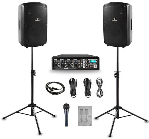 PRORECK MX10 1600W 6-Kanal Aktiv-Mischpult mit Bluetooth & 10 Zoll (25,4 cm) passiven Lautsprechern – PA-System inkl. Ständer und Mikrofon