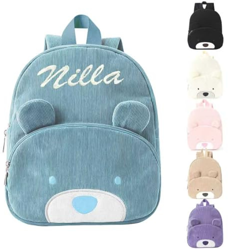 Personalisierte Rucksack Kinder mit Gestickt Namen, Bär Kinderrucksack für Mädchen Junge, Kita Mini Backpack Kleinkind, Kindergartenrucksack Schulranzen Tasche für Kindergarten Schule (Blau)
