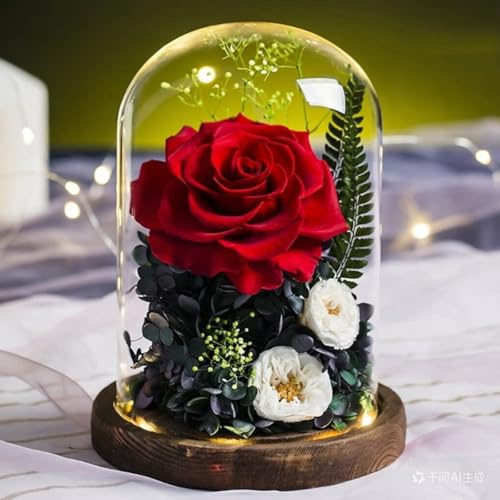ZJYIGOWL Rose Stabilizzate in Campana di Vetro Rosa Eterna con Luci Regali di Compleanno per Donne, per La Festa della Mamma, per La Nonna, La Moglie, La Figlia, per L'anniversario(Red)