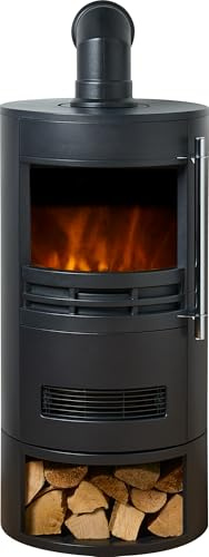 Sureflame Dunston Electric Round Stove with Log Storage & Angled Stove Pipe in Black