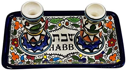 shabat judío de candeleros, candelabros para shabbath armenio de cerámica diseño de flores por Belén regalos TM