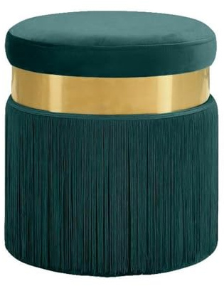 Meridian Furniture Yasmine Collection Modern | Contemporary Velvet Upholstered Ottoman/Stool with Gold Finished Stainless Steel Band, 15.5 W x 15.5 D x 17.5 H, Green